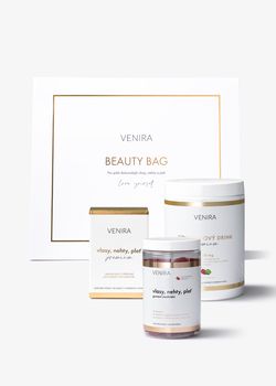 VENIRA beauty bag, PREMIUM kolagenový drink jahoda-limetka + PREMIUM kapsle pro vlasy, nehty a pleť + gumoví medvídci pro vlasy